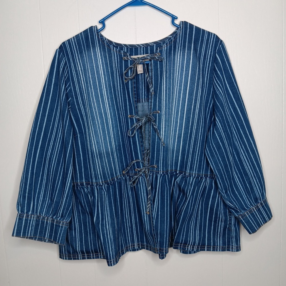 LOGO by Lori Goldstein Denim Jacket Women 16 Blue Pinstripe Tie Front 3/4 Sleeve